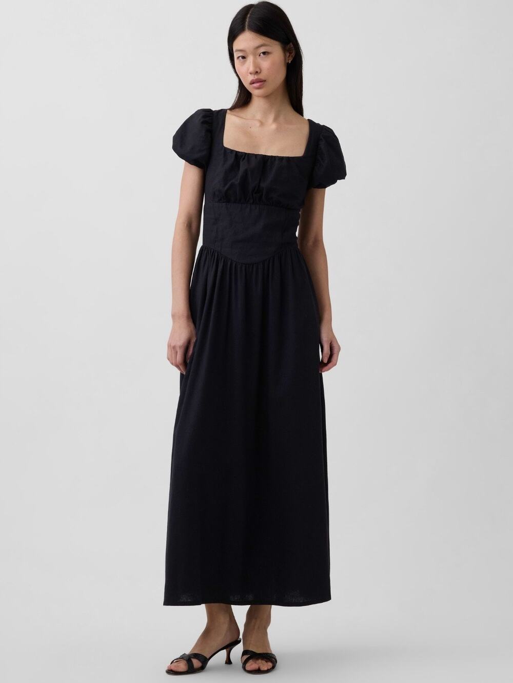 Gap TALL Linen-Blend Drop Basque Waist Maxi Dress NEW Black XL